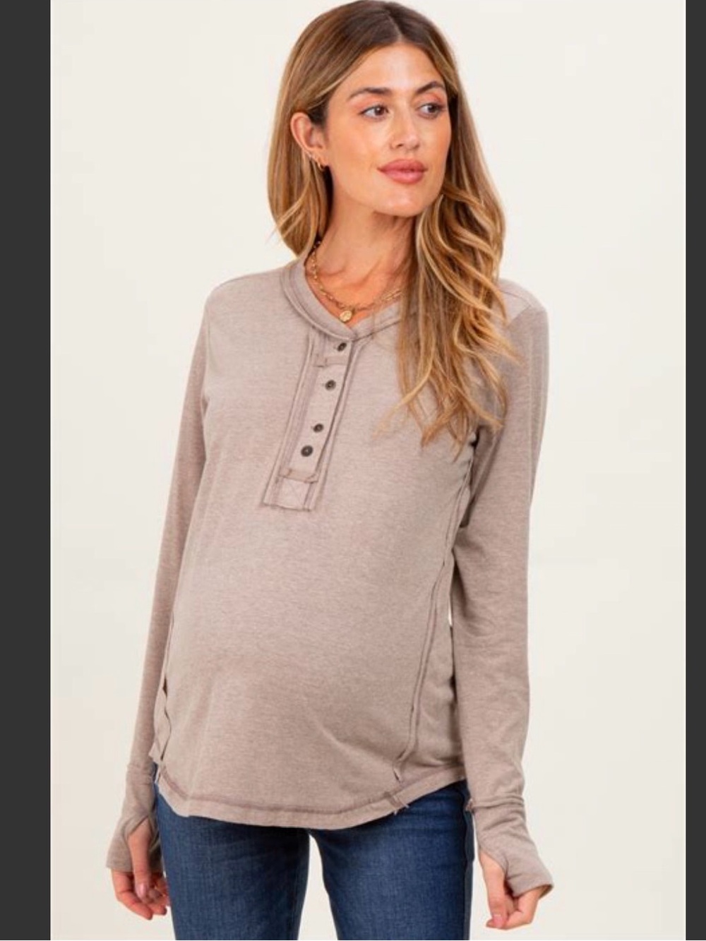 Pinkblush maternity- Heather Mocha Long Sleeve Exposed Seam Maternity Top